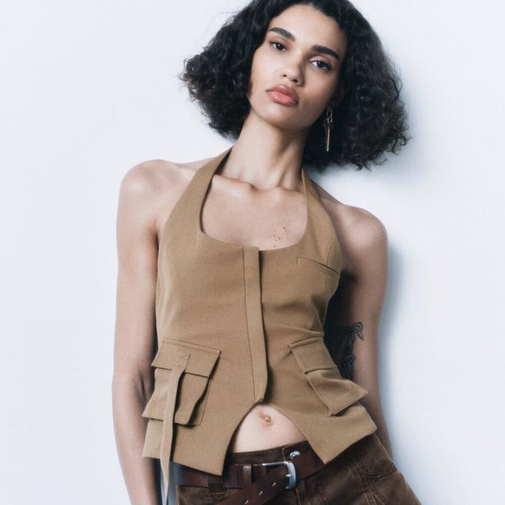 💜 Zara Pocket Halter Vest in Khaki - Size: Large
